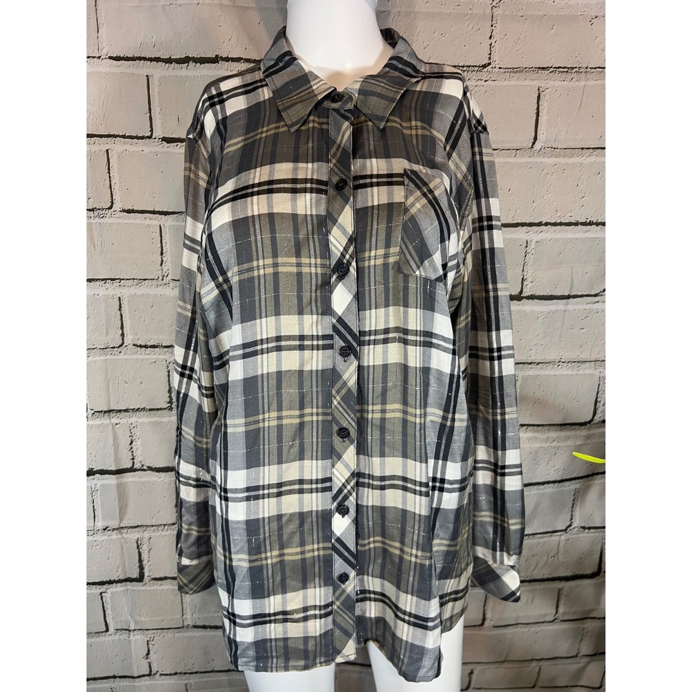 Christopher & Banks Gray Plaid Metallic Shimmer Button Down Shirt Womens Large